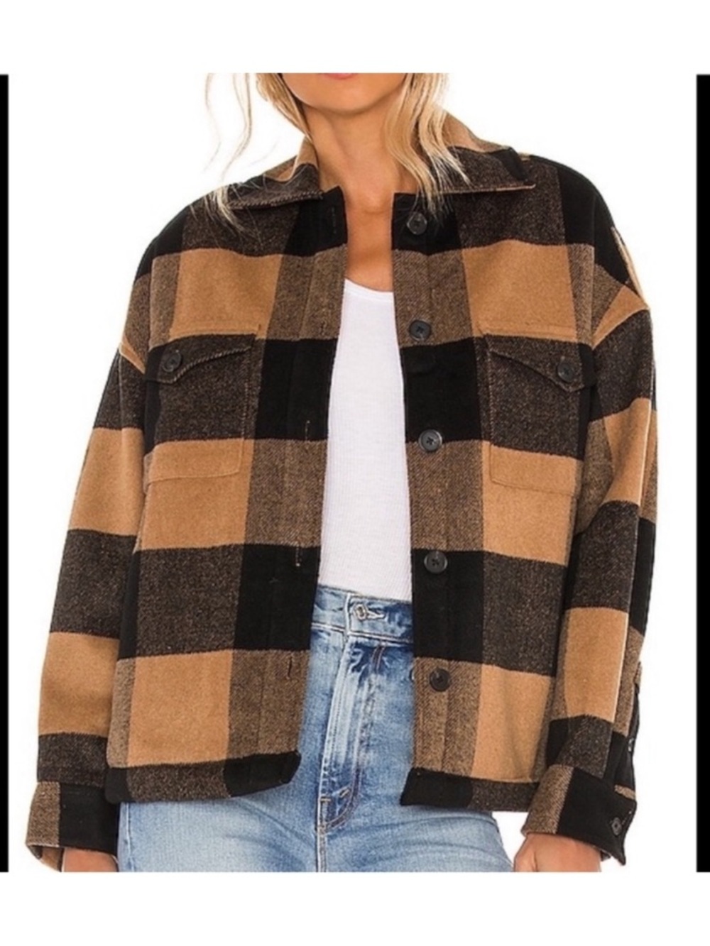 All Saints Luella Plaid Button-Front Shacket Jacket - Tan & Black❤️